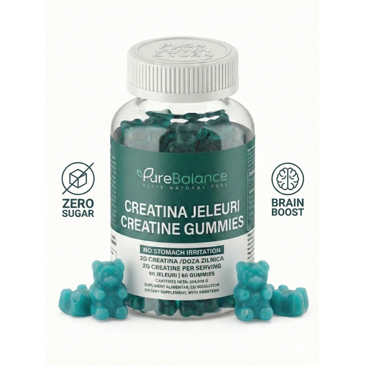 Supliment alimentar Creatina HCL Jeleuri Pure Balance, Fara Zahar, Gust de Afine, 2g (Echivalent 4g Monohidrat), 60 bucati