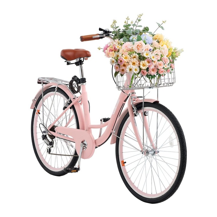 Bicicleta Cruiser de 26 inch, cu 7 viteze, pentru plaja, Culoare Roz, cu Cos