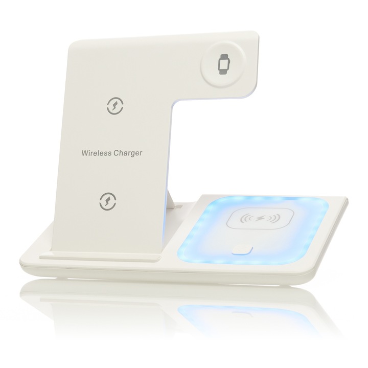 3 az 1-ben Wireless Charger Ray®, gyorstöltés Qi 15 W, LED, telefonhoz, okosórához és fejhallgatóhoz – összecsukható kialakítás, MagSafe, USB-C mellékelve, fehér