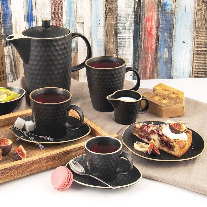 Cana Cu Farfurie Pentru Cafea Espresso, Orion, Ceai, Negru, 95 ml, Ceramica, Maner Ergonomic, Compatibila Cu Masina De Spalat Vase Si Cuptorul Cu Microunde, Set 1 Cana + 1 Farfurie