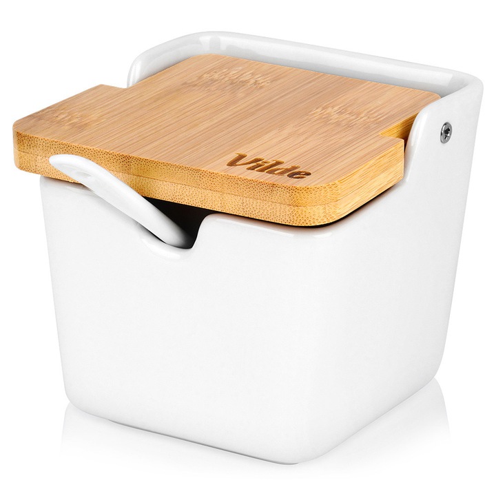 Захарница с лъжица, Vilde, керамика/бамбук, бяла, вместимост 250 мл, размери 9,5x9,5x9 см, капак на панти, комплект от 2 части