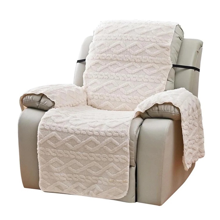 Husa fotoliu recliner, jacquard dublu fata, fleece, bej gri deschis verde, 55x60x100cm