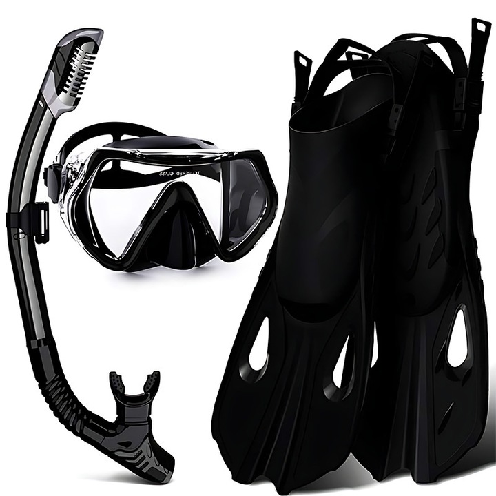 Черен комплект за шнорхелинг, размери S/M (37-41) за възрастни - с панорамна маска против замъгляване, сух шнорхел, люспи и подводна чанта, PP/TPR материали