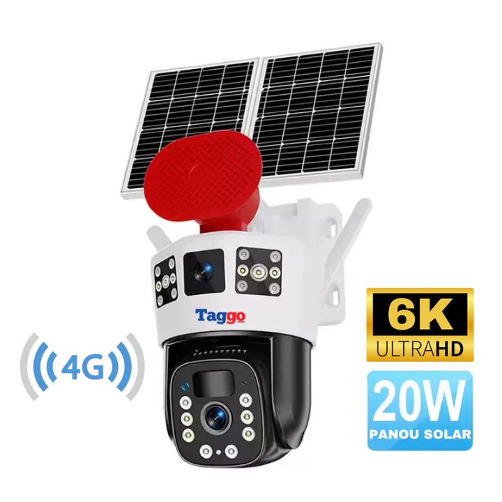 4G 6K Ultra HD megfigyelő kamera, kettős kamera 12 MP, napelemes töltés 20 W, forgatás az alkalmazásból, IP 66 vízállóság, 64 GB-os kártya