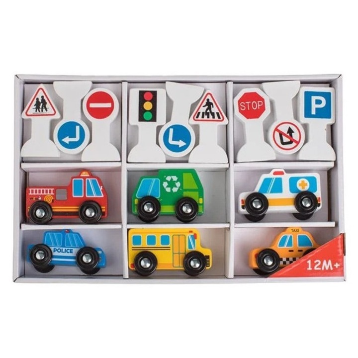 Fa járművek kerekekkel és formákkal, 15 darab, 3 éves kortól, 29,5×4,5×19 cm