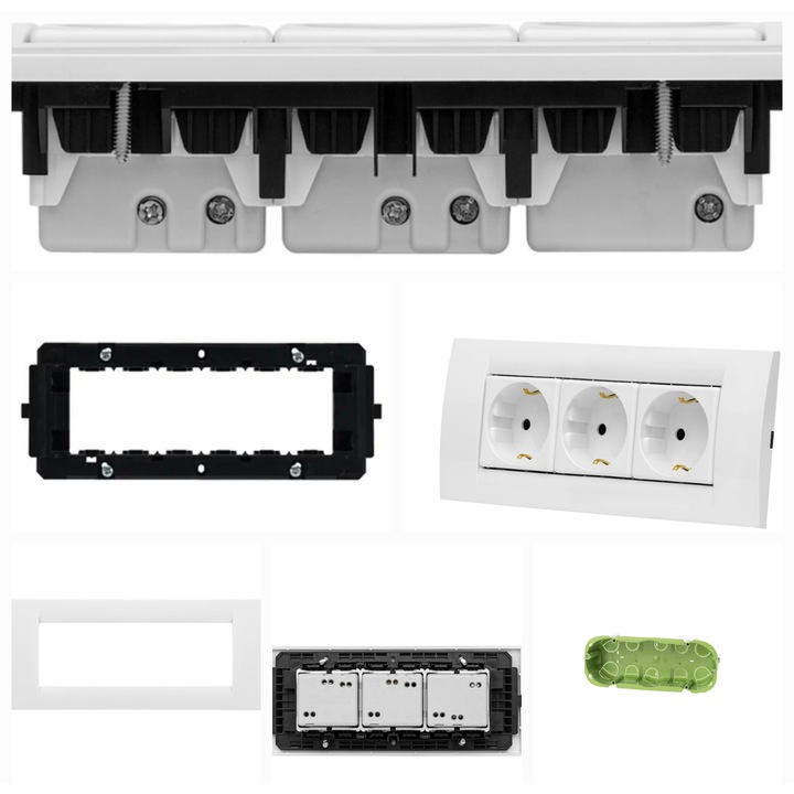 Пълен КОМПЛЕКТ Тройна розетка Gewiss 6M, за кутия 6M, 16A, пластмаса, Бяла, монтаж на гипсокартон