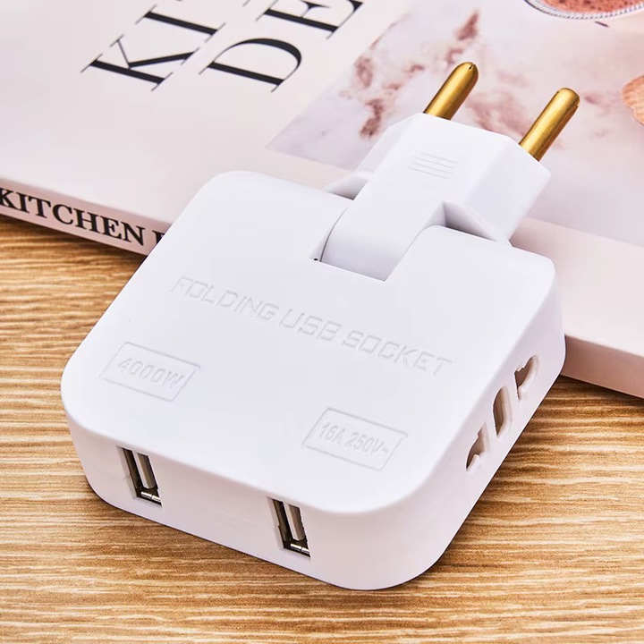 Двоен адаптер за контакт с 2 USB порта и завъртане на 180°, за тесни пространства, бял