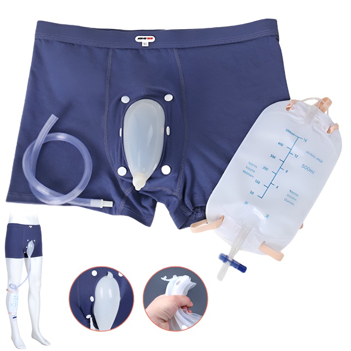 Set pentru Incontinenta Urinara Portabil ProComfort Koopsio pentru Barbati, cu Rezerve 2 x 500ml Incluse, Boxeri Incontinenta Urinara, Silicon Medical, Bumbac, Marime Ajustabila 85-100 cm, Bleumarin