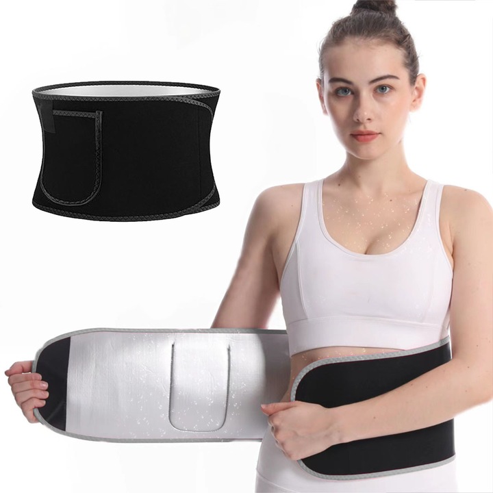 Karcsúsító öv, ezüstion technológiával a hőtermelésért és az intenzív izzadásért, nőknek, enyhén derékszorító, lélegző és kényelmes, telefonzsebbel, sporthoz, fitneszhez és derékvédelemhez alkalmas.