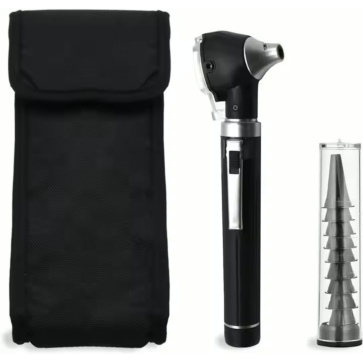 Otoscop cu iluminare LED directa, Portabil, cu 10 Speculi Auriculari, Husa de Protectie, Negru/Argintiu, VELICO®