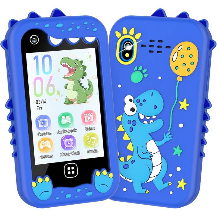 Telefon Mobil si Jucarie Educativa NO Internet/Apeluri MiniPHONE® PRO Doua Camere Foto/Video Magic Stickers, 17 Jocuri Puzzle, 10 Audiobooks, MP3 Player, Functii Practice de Invatare, Lectii Alfabet, Urmarire Obiceiuri, Alarma, Calculator, Lanterna, Blue