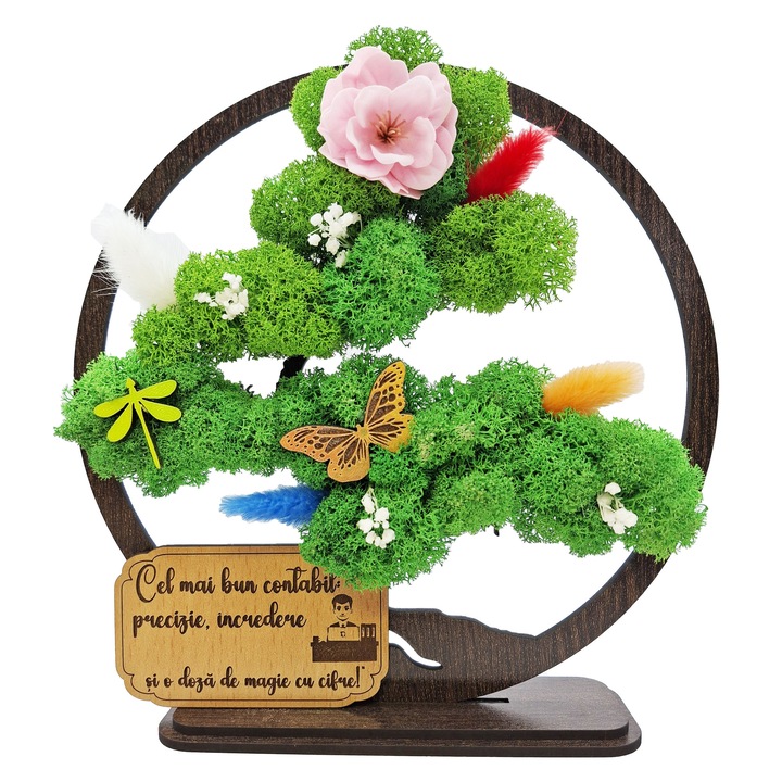 Cadou Special – Bonsai cu Licheni Naturali Stabilizati, MDF, 20 cm, Wenge, mesaj,, Cel mai bun Contabil''