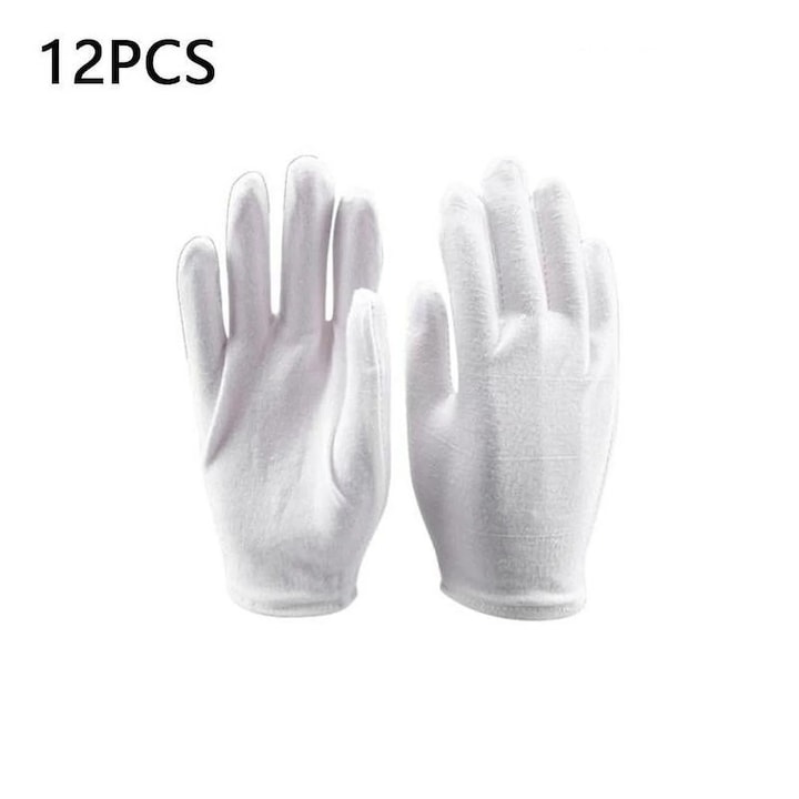 Set 12 perechi manusi de protectie, bumbac si poliester, albe, 19.5cm