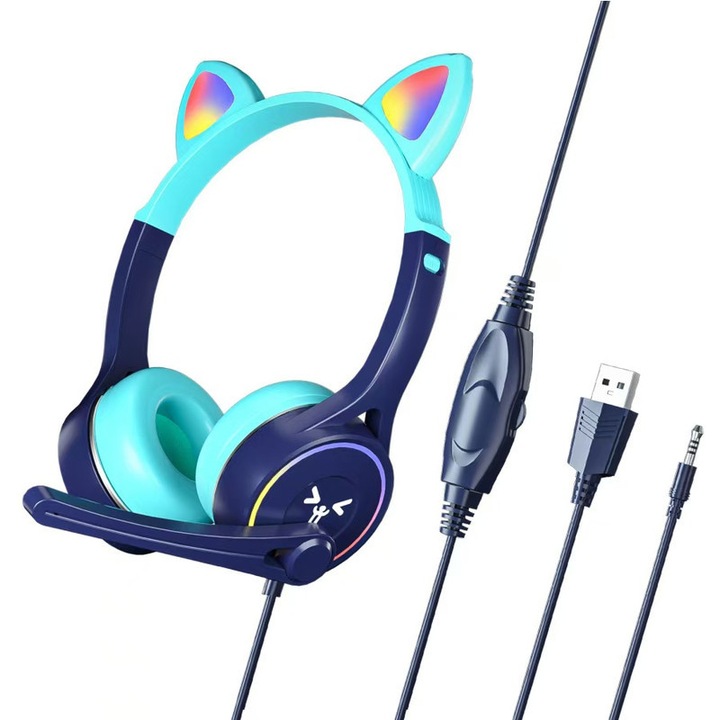 Слушалки за компютър CuteCat Pro RGB, дизайн с котешки уши, двойна свързаност, ограничител на силата на звука, 18x25 см, сини