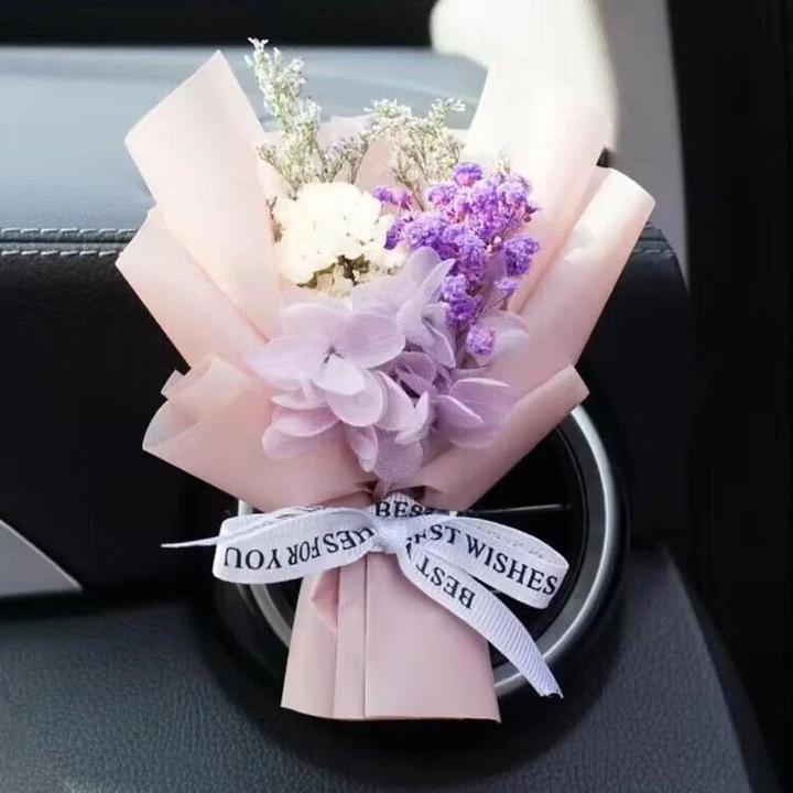 Buchet flori uscate YANYXR, clip aerisire auto, parfum, roz, mic