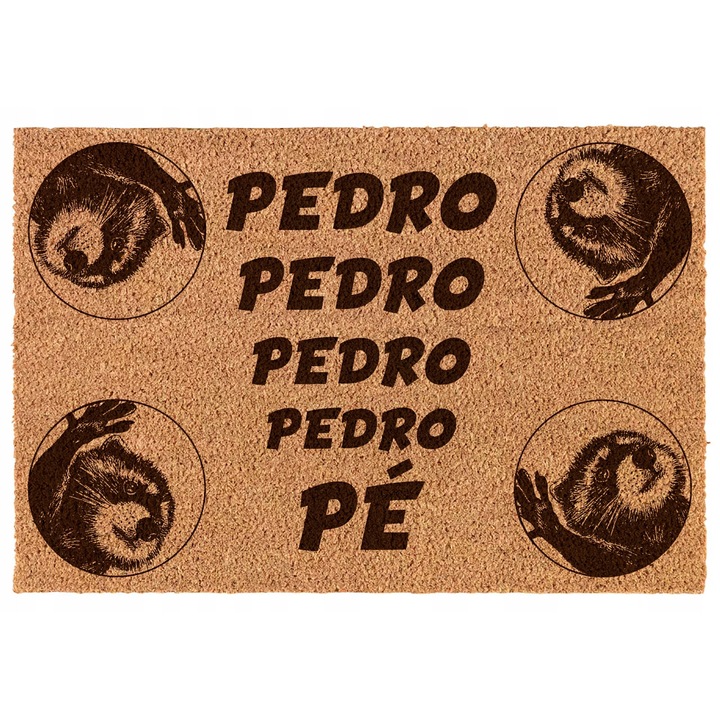 Beltéri ajtószőnyeg 40x60 cm - "PEDRO PEDRO PEDRO PEDRO PE" mosómedvével - natúr kókusz, csúszásmentes, lézergravírozott