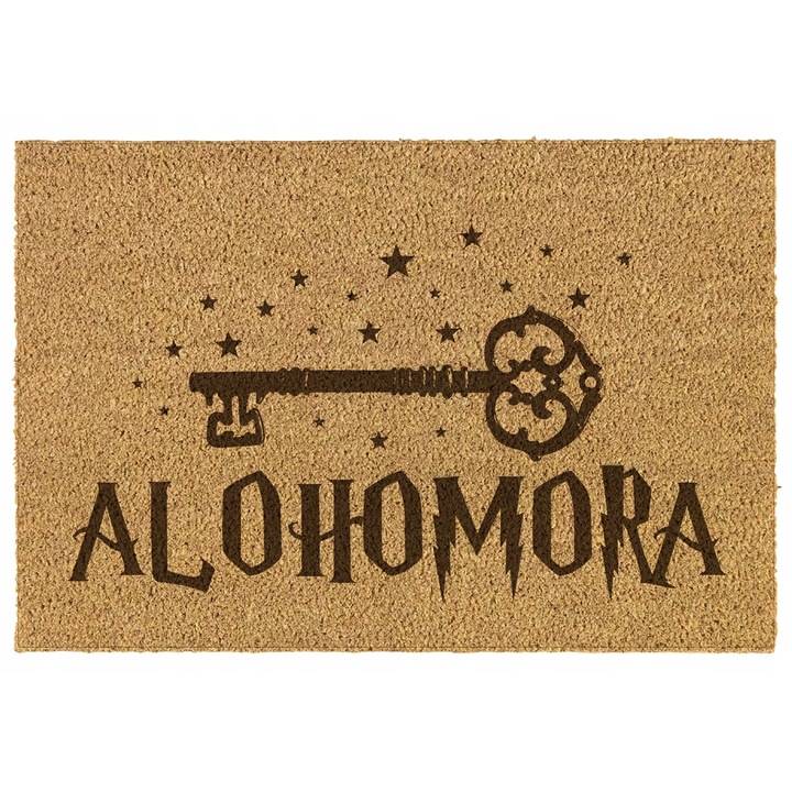 Beltéri szőnyeg 40x60 cm – "ALOHOMORA" kulcsgrafikával - lézergravírozott, csúszásmentes, natúr kókusz