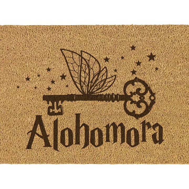 Beltéri szőnyeg 40x60 cm – "ALOHOMORA" repülőkulcsos grafikával – lézergravírozott, csúszásmentes, kókuszszálas