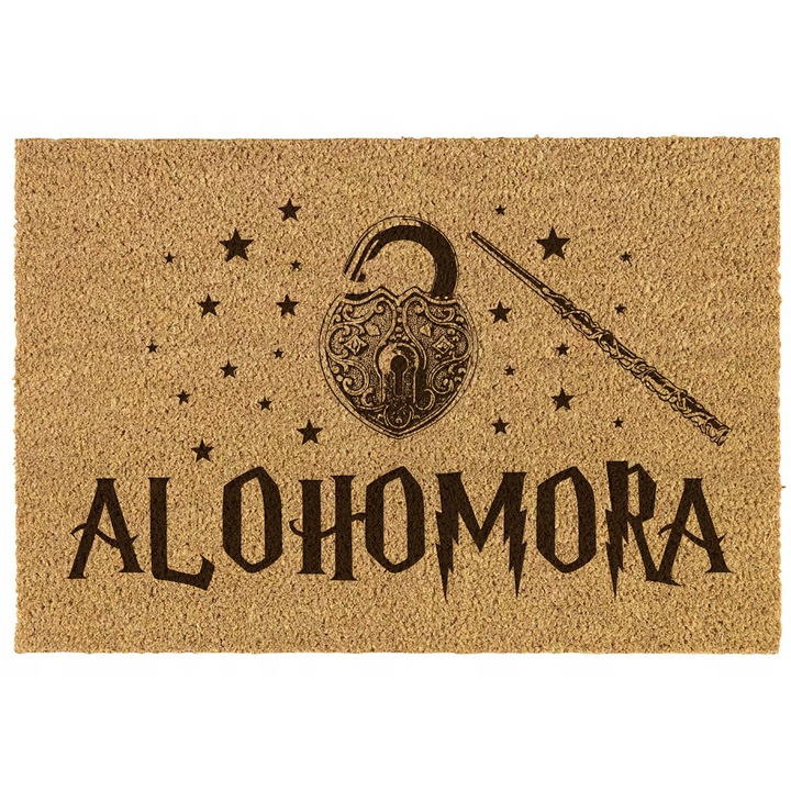 Vicces beltéri szőnyeg 40x60 cm – "ALOHOMORA" medált grafikával - lézergravírozott, kókuszból, csúszásmentes