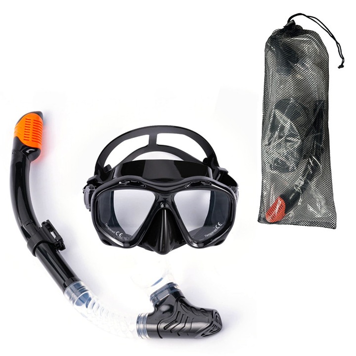Комплект за гмуркане с шнорхел за възрастни в черен цвят със сух шнорхел, маска за панорамна гледка 180° и свободно дишане - идеален за гмуркане с шнорхел, гмуркане, плуване и пътуване
