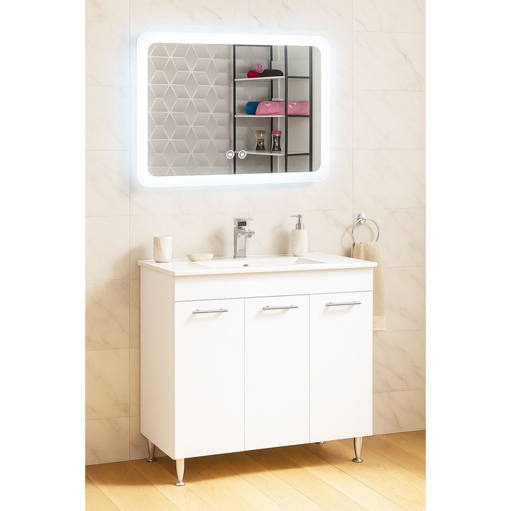 Set baza mobilier cu trei usi si lavoar ceramic+Oglinda cu Iluminare LED, BadenMob, Seria 067, 80cm, Alb