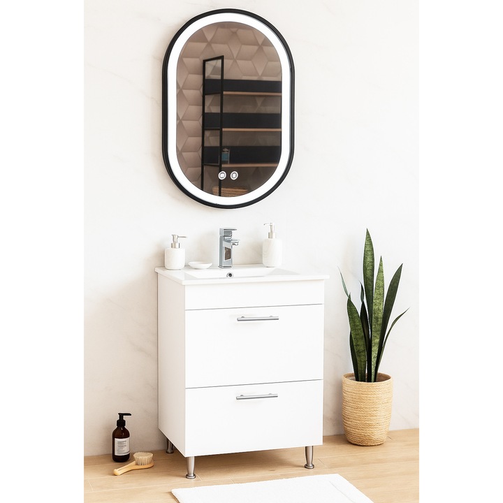 Set baza mobilier cu sertare si lavoar ceramic+Oglinda cu Iluminare LED, BadenMob, Seria 067, 50cm, Alb