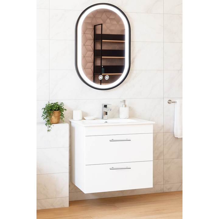 Set baza mobilier suspendat cu sertare si lavoar ceramic+Oglinda cu Iluminare LED, BadenMob, Seria 067, 50cm, Alb