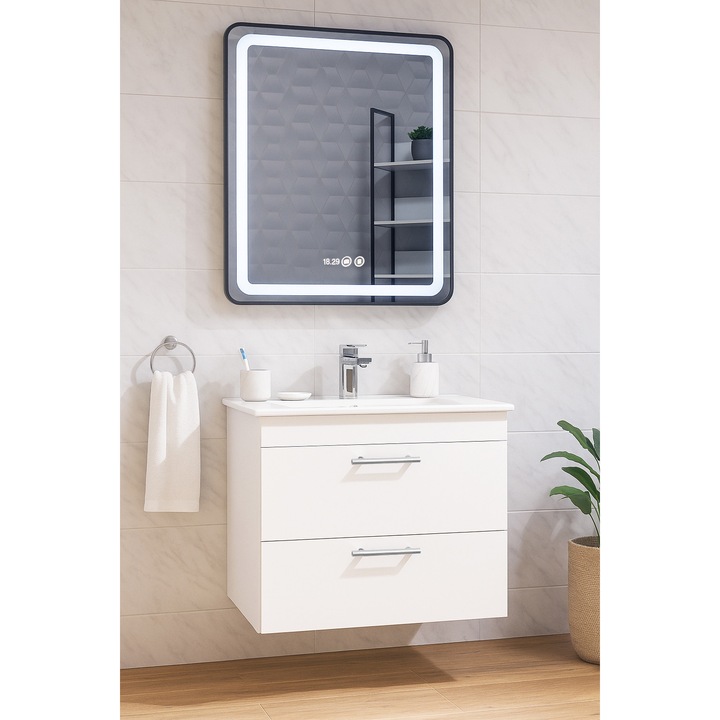 Set baza mobilier suspendat cu sertare si lavoar ceramic+Oglinda cu Iluminare LED, BadenMob, Seria 067, 70cm, Alb