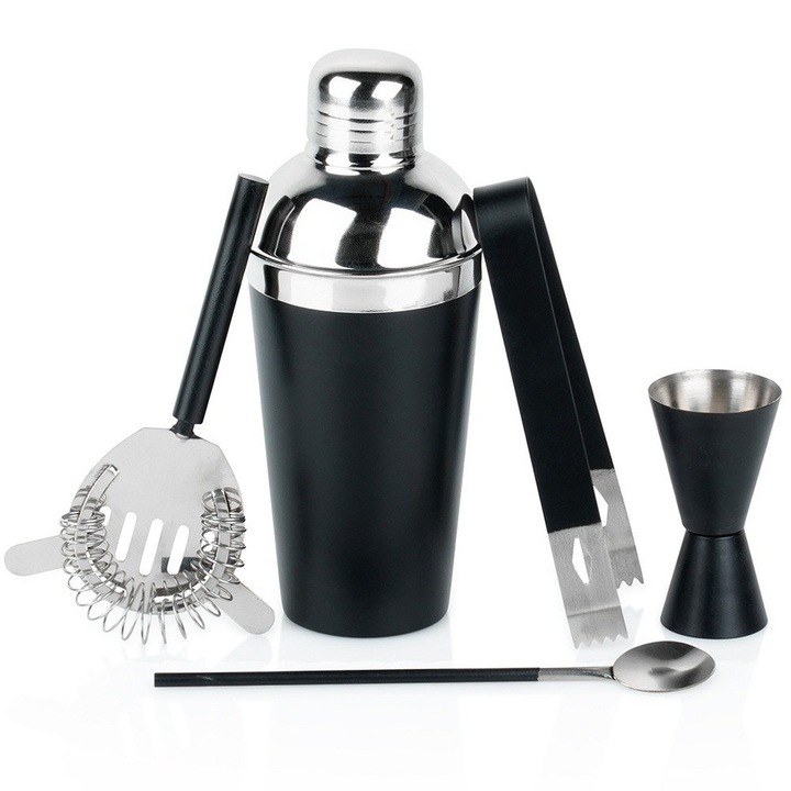 Set bar cu shaker, Artemis, 5 elemente, inox, negru, 500ml