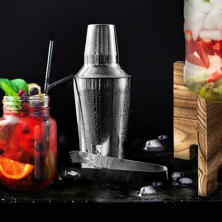 Bartender Shaker, Orion, 520 ml, ezüst, rozsdamentes acél, készlet szitával és üveggel, könnyen tisztítható, mérete 8,5x22,5 cm