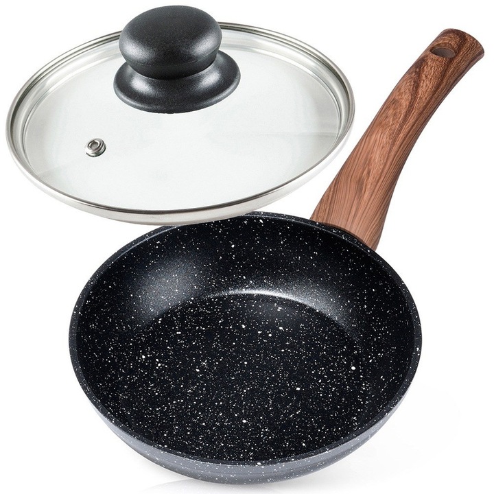Тиган със стъклен капак, Vilde, Black&Wood, гранитно незалепващо покритие, 16 см, черен, подходящ за всички котлони, подходящ за съдомиялна