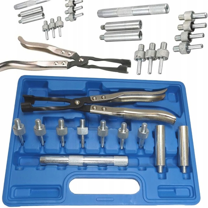 Cleste pentru garnituri de supapa, Magma, Universal, 150 mm, Set de 7 adaptoare, Metal, Albastru, Montare/demontare piese