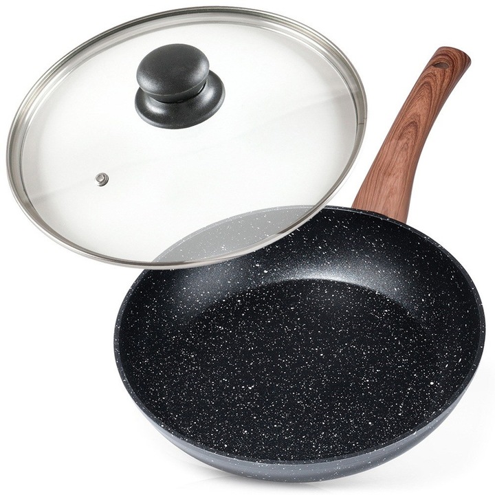 Алуминиев тиган със стъклен капак, Vilde, Black&Wood, 24 см, гранитно незалепващо покритие, черен, термоустойчив до 200°C, подходящ за всички котлони, подходящ за съдомиялна