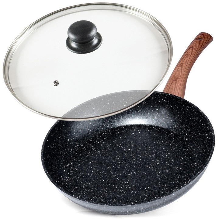 Алуминиев тиган със стъклен капак, Vilde, черен и дървен, 28 см, гранитно незалепващо покритие, черен цвят, подходящ за всички котлони, може да се мие в съдомиялна машина