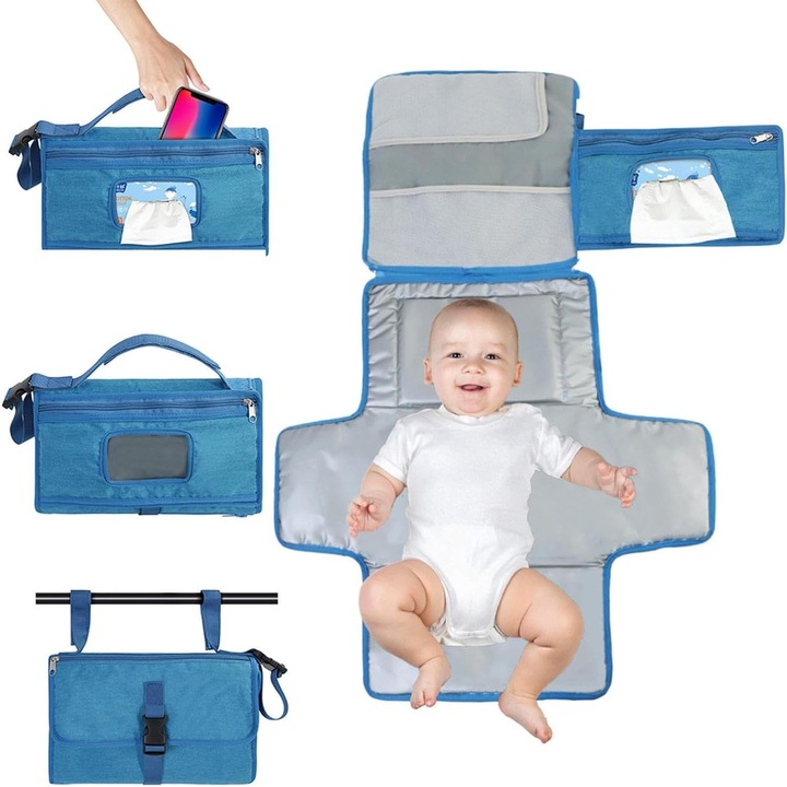 Многофункционална чанта, Flippy, чанта за смяна на пелени, водоустойчива, плат Оксфорд, с джобове, лесна за окачване, 30 x 20 см, синя