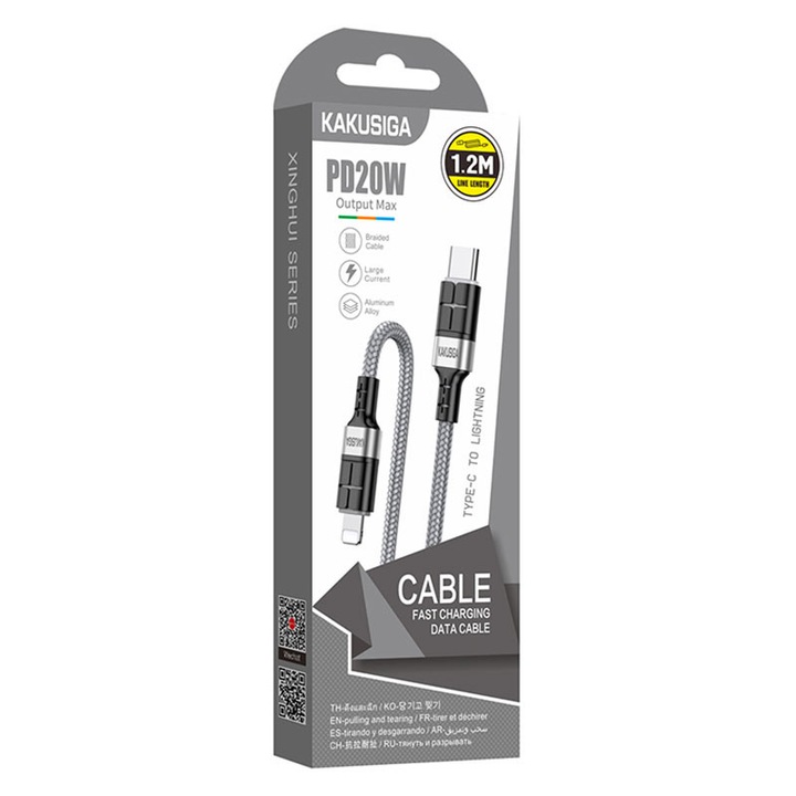 Cablu Date si Incarcare Kaku (KSC-696), USB-C la Lightning, PD20W, QC3.0, 1.2m, Gray