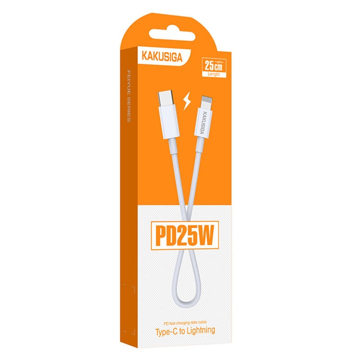 Cablu Date si Incarcare Kaku (KSC-653), USB-C la Lightning, PD25W, QC3.0, 25cm, White