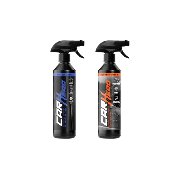 Pachet Profesional Detailing Auto Interior & Exterior – Hyper Dresser + Ceramic Shield V2, Car Hero, 2x500ml, Regenerare Plastic, Piele, Cauciuc, Luciu Intens, Hidrofob, Anti-UV, Protectie Ceramica Vopsea, Intretinere Completa
