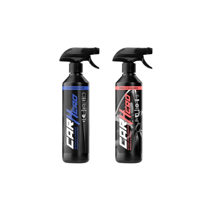 Pachet Profesional Detailing Auto Interior & Exterior – Hyper Dresser + Iron X Cleaner, Car Hero, 2x500ml, Regenerare Plastic, Piele si Cauciuc, Decontaminare Rapida Jante si Caroserie, Solutii Specializate Curatare si Intretinere Auto