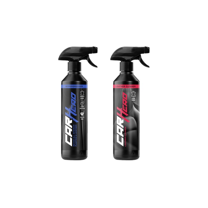 Pachet Profesional Curatare si Regenerare Piele, Plastic si Cauciuc – Leather Cleaner + Hyper Dresser, Car Hero, 2x500ml, Reda Aspectul Natural, Protejeaza Suprafetele Matuite, Intretinere si Detailing Auto Interior
