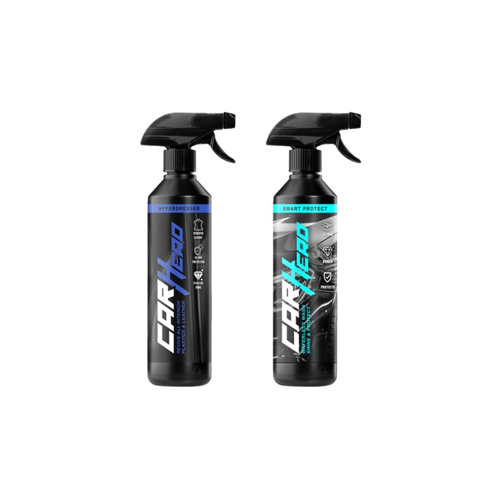 Pachet Profesional Detailing Auto Interior & Exterior – Hyper Dresser + Smart Protect V2.0, Car Hero, 2x500ml, Regenerare Plastic, Piele si Cauciuc, Curatare Fara Apa cu Efect de Ceruire, Formula Noua, Protectie si Intretinere Completa