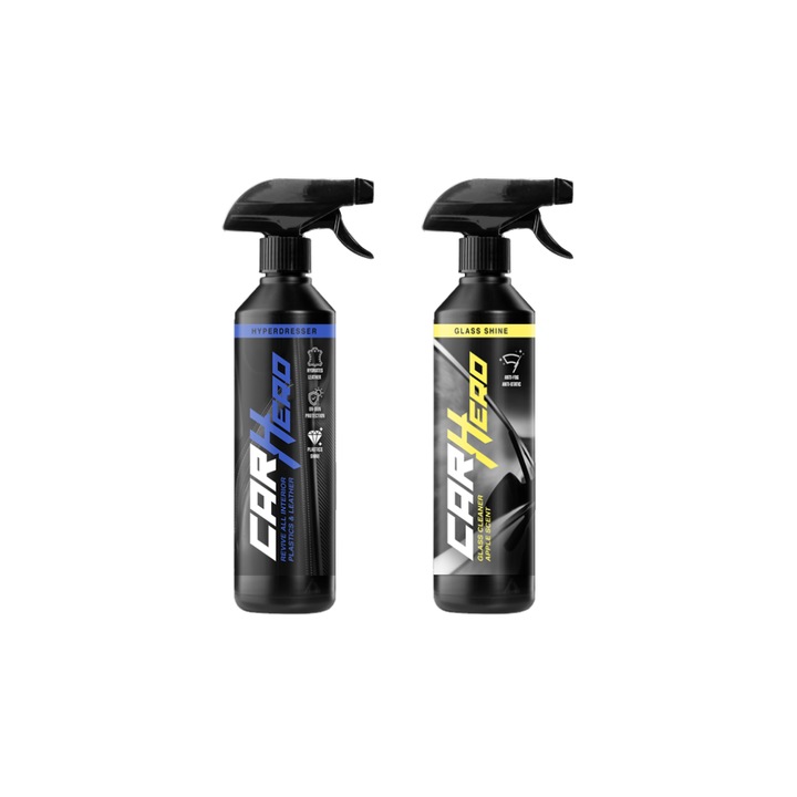 Pachet Profesional Detailing Auto Interior – Hyper Dresser + Glass Shine, Car Hero, 2x500ml, Regenerare Plastic, Piele si Cauciuc, Curatare Eficienta Parbriz, Geamuri si Sticla, Finish Mat, Claritate si Intretinere Completa