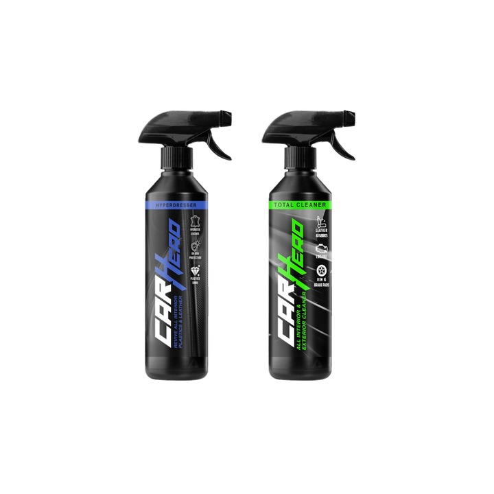 Pachet Profesional Detailing Auto Interior – Hyper Dresser + Total Cleaner, Car Hero, 2x500ml, Regenerare Plastic, Piele si Cauciuc, Curatare Generala si Indepartare Pete, Dressing Suprafate Matuite, Intretinere Completa si Eficienta