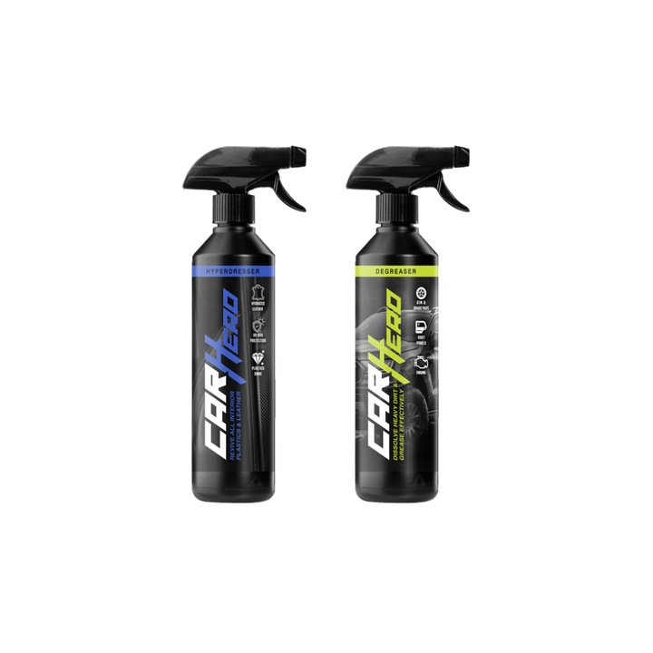 Pachet Profesional Detailing Auto Interior & Exterior – Hyper Dresser + Degreaser, Car Hero, 2x500ml, Regenerare Plastic, Piele si Cauciuc, Prespalare Caroserie, Eliminare Grasimi Intarite si Murdarie Dificila, Intretinere Completa Auto