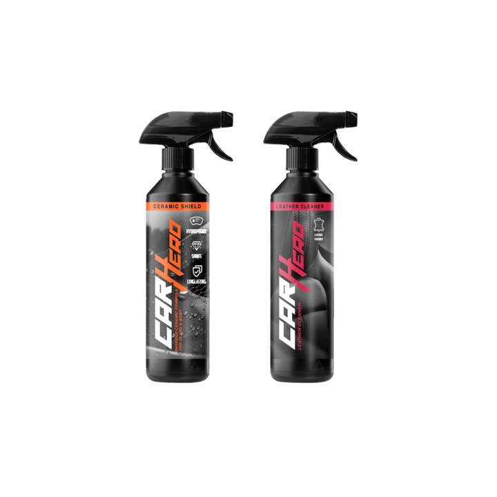 Pachet Profesional Intretinere Auto Interior & Exterior – Ceramic Shield V2 + Leather Cleaner, Car Hero, 2x500ml, Protectie Ceramica Hidrofoba Anti-UV pentru Vopsea + Curatare si Ingrijire Piele, Reda Aspectul Natural