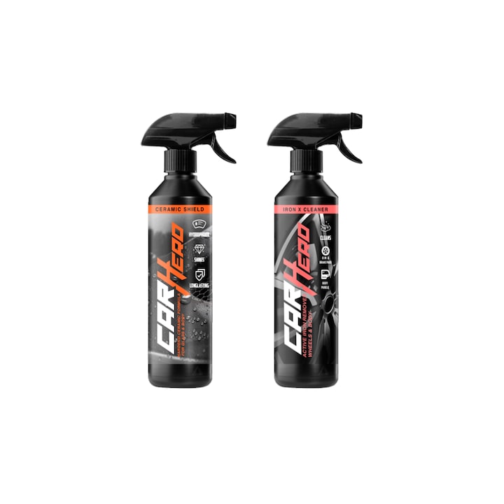 Pachet Profesional Detailing Auto – Ceramic Shield V2 + Iron X Cleaner, Car Hero, 2x500ml, Protectie Ceramica Anti-UV si Hidrofoba pentru Vopsea + Curatare si Decontaminare Rapida Jante Aluminiu, Aliaj, Otel si Caroserie