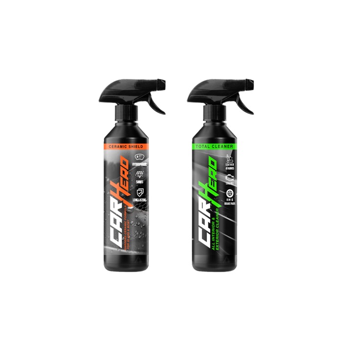 Pachet Profesional Detailing Auto – Ceramic Shield V2 + Total Cleaner, Car Hero, 2x500ml, Protectie Ceramica Anti-UV si Hidrofoba pentru Vopsea + Curatare Generala si Indepartare Pete, Intretinere Completa si Eficienta