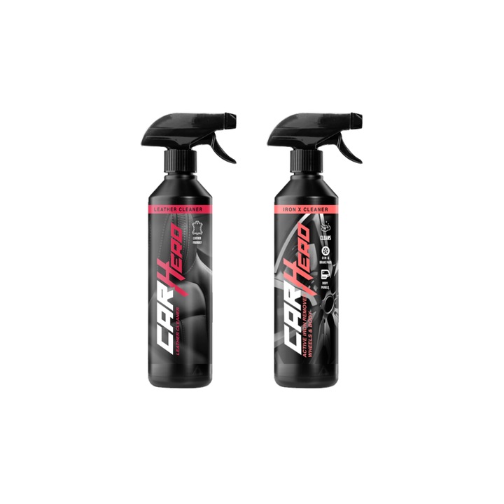 Pachet Profesional Detailing Auto – Leather Cleaner + Iron X Cleaner, Car Hero, 2x500ml, Curatare si Intretinere Piele, Reda Aspectul Natural + Decontaminare Rapida Jante Aluminiu, Aliaj, Otel si Caroserie, Curatare Profunda si Protectie Completa