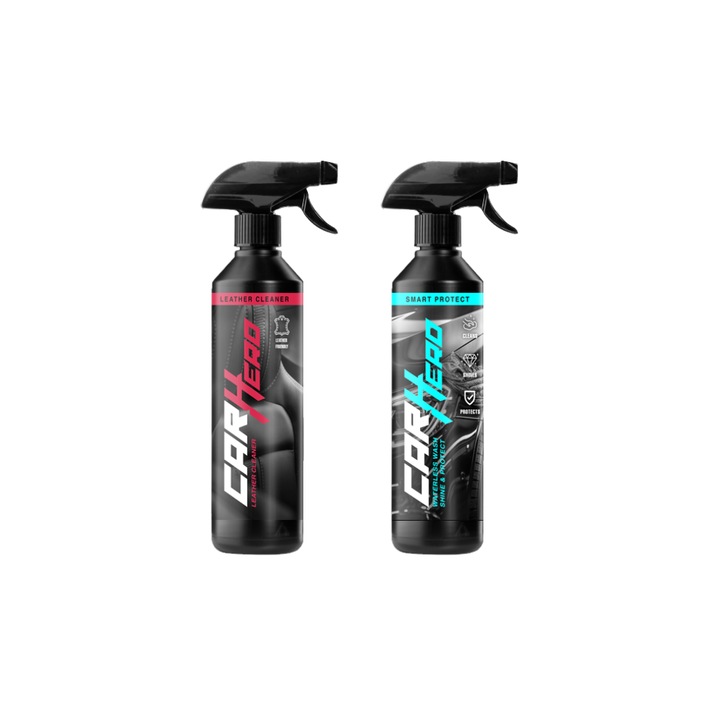Pachet Profesional Detailing Auto – Leather Cleaner + Smart Protect V2.0, Car Hero, 2x500ml, Curatare si Intretinere Piele, Reda Aspectul Natural + Curatare Fara Apa cu Efect de Ceruire, Formula Noua, Protectie si Intretinere Completa