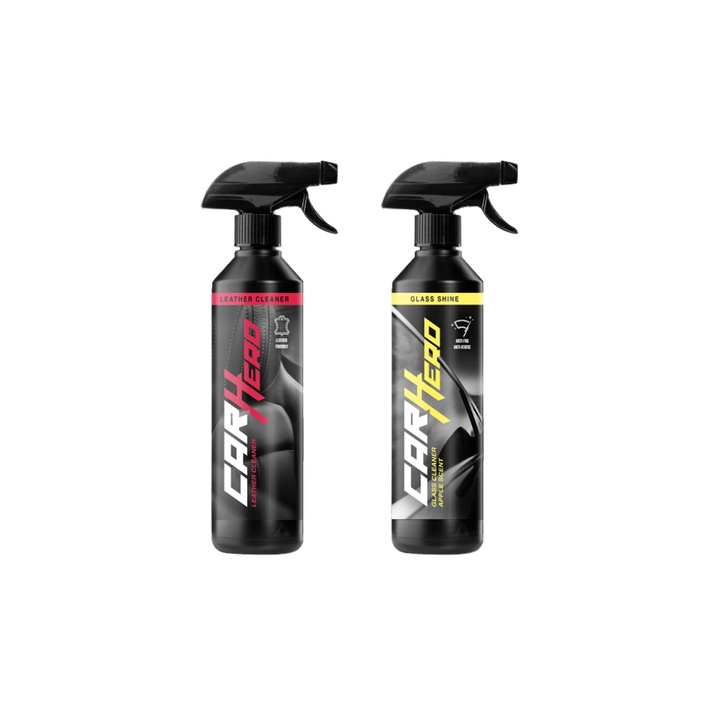 Pachet Profesional Detailing Auto – Leather Cleaner + Glass Shine, Car Hero, 2x500ml, Curatare si Intretinere Piele, Reda Aspectul Natural + Curatare Profesionala Parbriz, Sticla si Geamuri, Finish Clar si Protectie Durabila